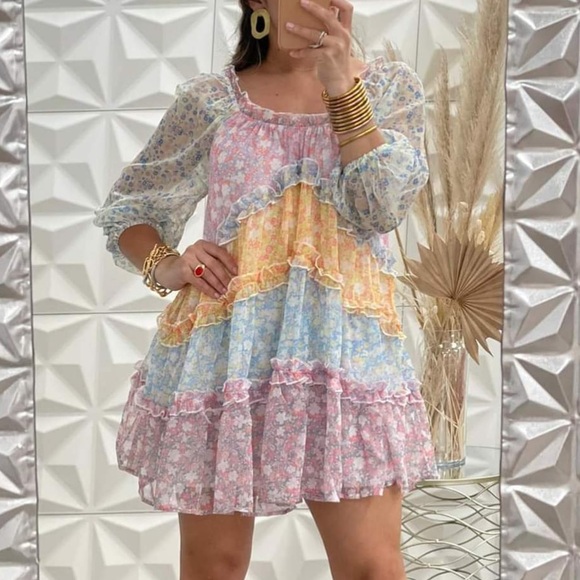 Love Colette Maisie Mini Cottage Babydoll Patchwork Floral Off-Shoulder L Dress - Picture 2 of 13